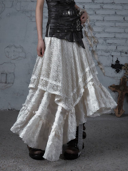 PU Lace Tiered Corset Hem Asymmetrical Convertible Dress/Skirt: Brown with White Strapless 2-in-1 Studded