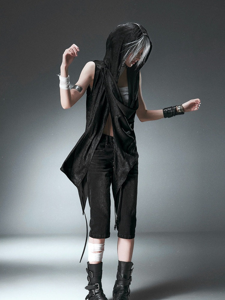 Black Hooded Vest with Asymmetrical Neckline & Cross Design at Back - CroixDragon
