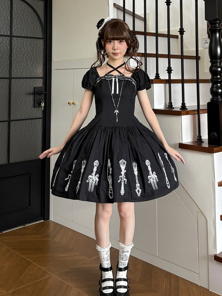 Cutlery Embroidered Short Sleeve Gothic OP Dress in Black with Halter Neckline - Vivian's Diary