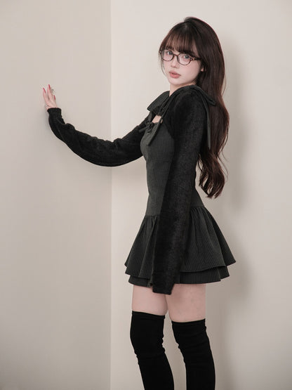 Two-Piece Kei Striped Black Shrug Gray Bow Set + Dress Jirai Dark - Cropped