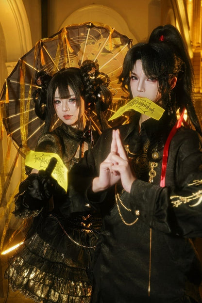 Gothic Chinoiserie Lolita Long Sleeve Blouse and Wide Pants Ensemble - YING YUE