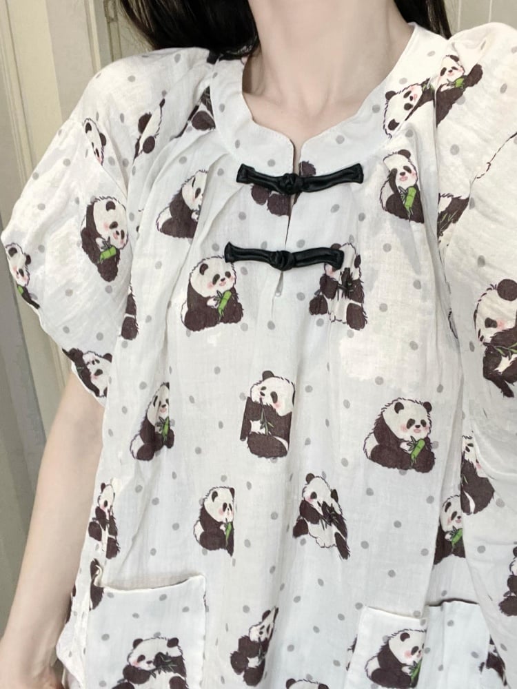 Weißes Pyjama-Set mit Panda und Punkten