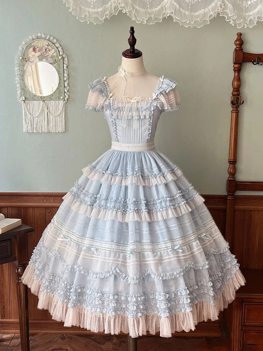 Elegante Verzierungen Plissee Rüschen Klassisches Lolita Kleid Blau Details und