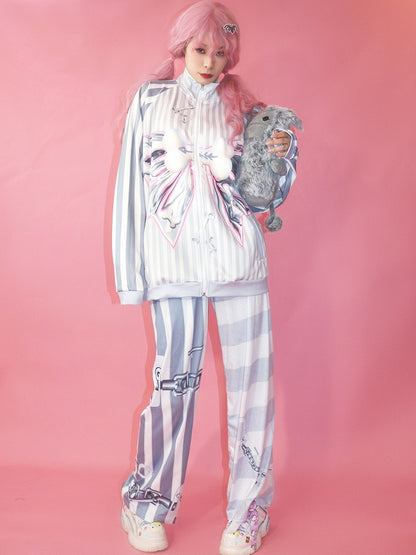 Pattern Striped Fashion Gyaru Gray Jacket Bow Bone Big Print