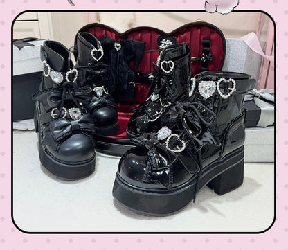 Lace-up with Jirai Buckles Rhinestones Platform Matte Boots Sweetheart Short Ankle Kei Black