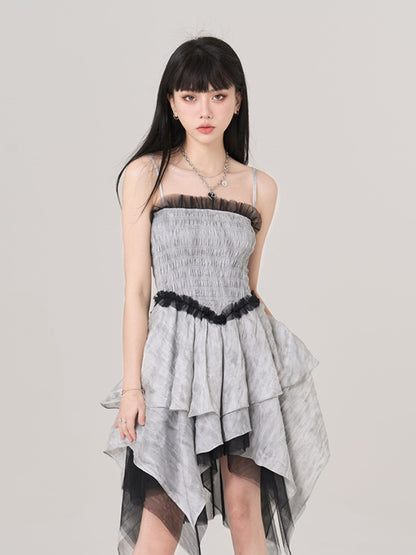 Gray Handkerchief Hem Ruffled Lace Trim Vintage Cami Dress