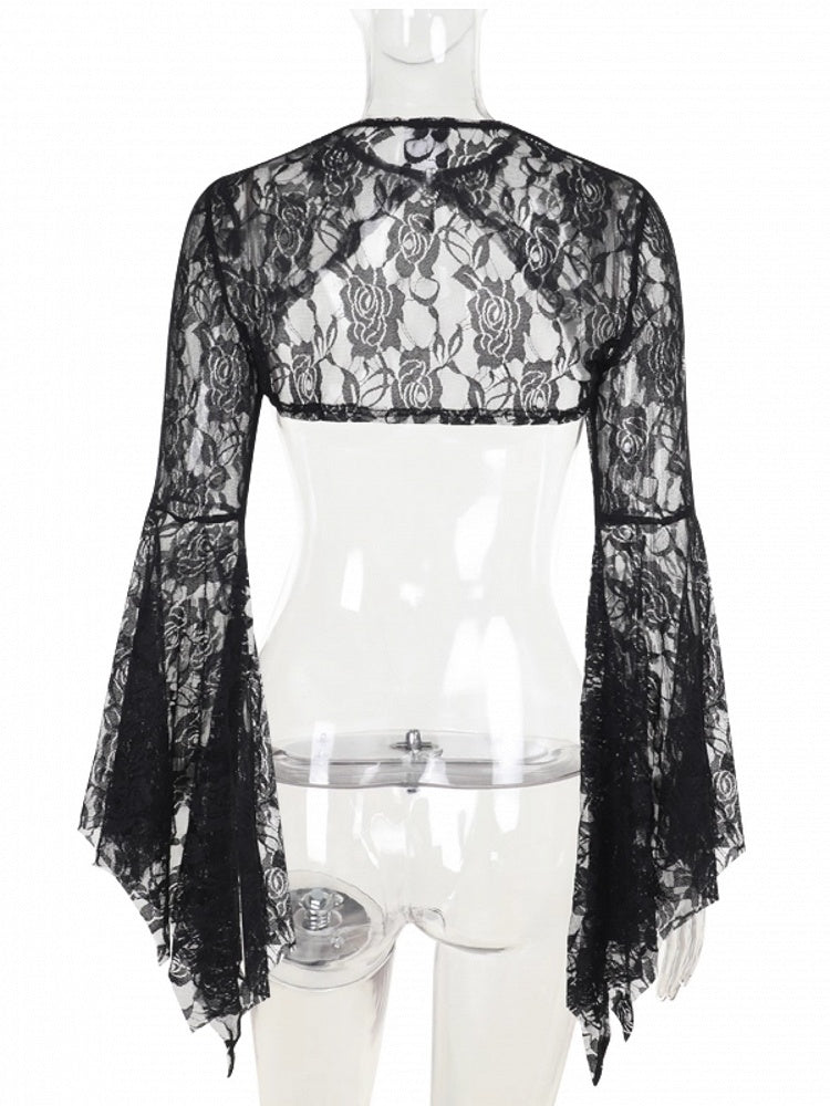 Embroidery Sleeve Floral Halloween Gothic Gem Shrug Batwing Lace with Bell Centerpiece Black