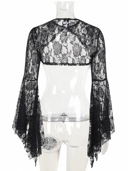 Embroidery Sleeve Floral Halloween Gothic Gem Shrug Batwing Lace with Bell Centerpiece Black