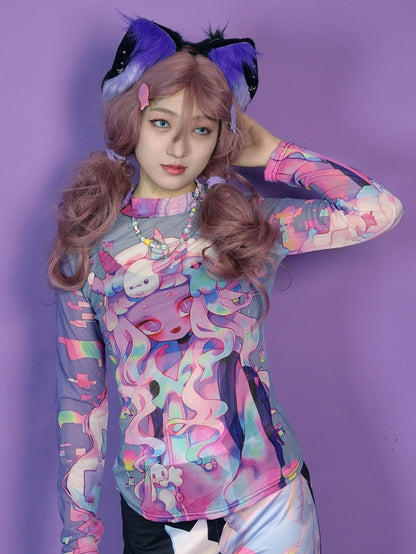 Colorful Y2K Long Print Sleeves Top Sun Semi-sheer Protection Cartoon