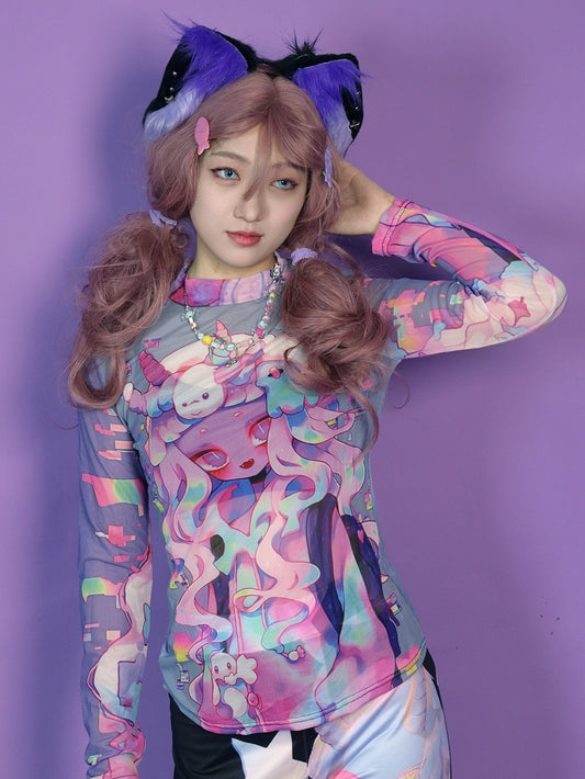 Colorful Y2K Long Print Sleeves Top Sun Semi-sheer Protection Cartoon