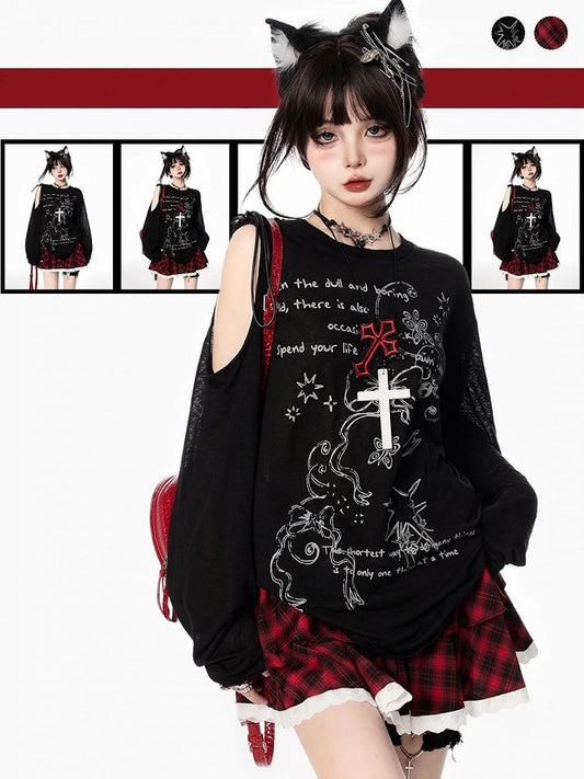 Semi-sheer Bowknot Graffiti Print Coverup Cutout Shoulder Black/White