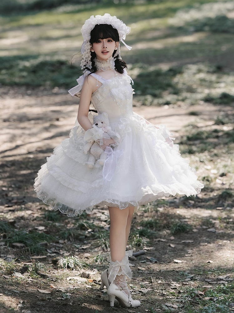 Lily Sweet of Lace Gloves Valley Embroidered Lolita Full Set Choker Veil + KC Head Dress White the