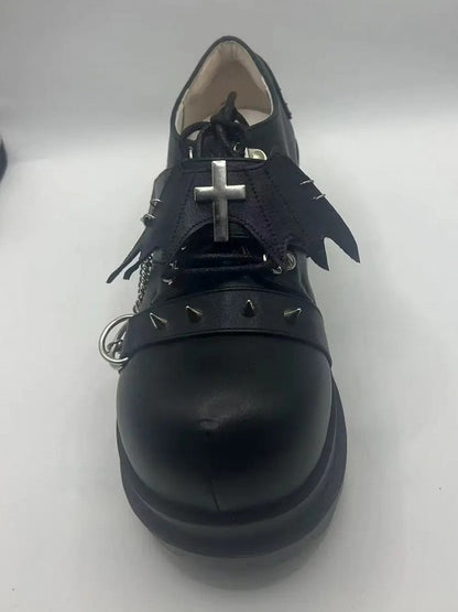 Chain Platforms Black Leather Charm PU Cross with Hybrid Detachable Embellishments Punk Stud in Fastening Matte