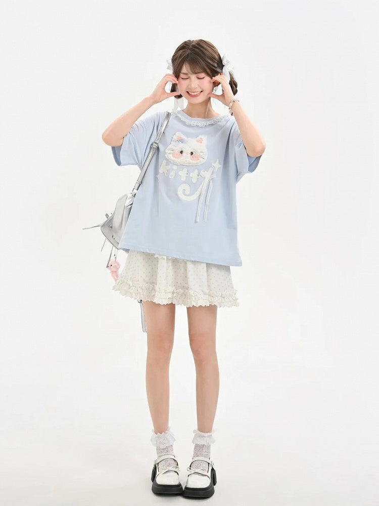 ロング/ショート ラウンドネック プラッシュバージョン ブルー Tシャツ 猫アップリケ