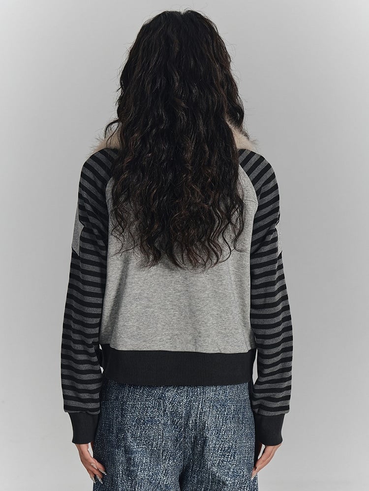 Punk Striped Fur Gray Wing Faux Print Collar Zip-Up Sleeves with Jacket