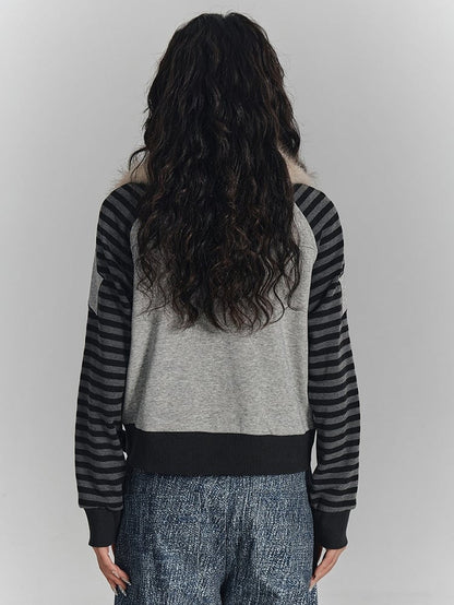 Punk Striped Fur Gray Wing Faux Print Collar Zip-Up Sleeves with Jacket