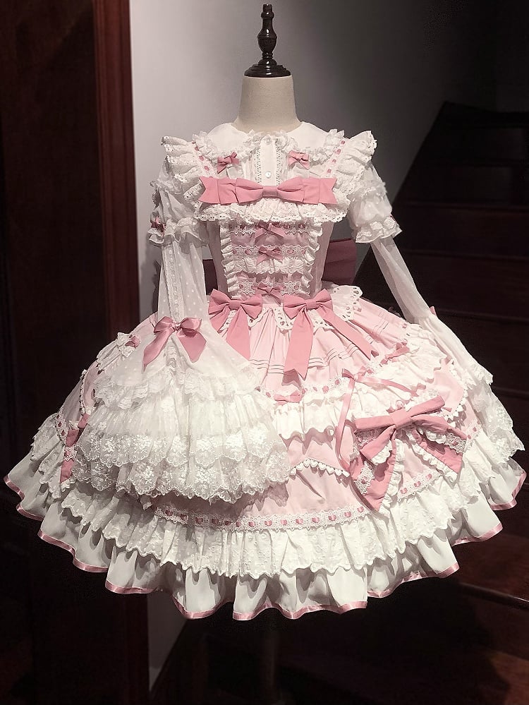 Rosa Ärmel Bluse Glocke Lange Schleifen Verziert Layered Weiß