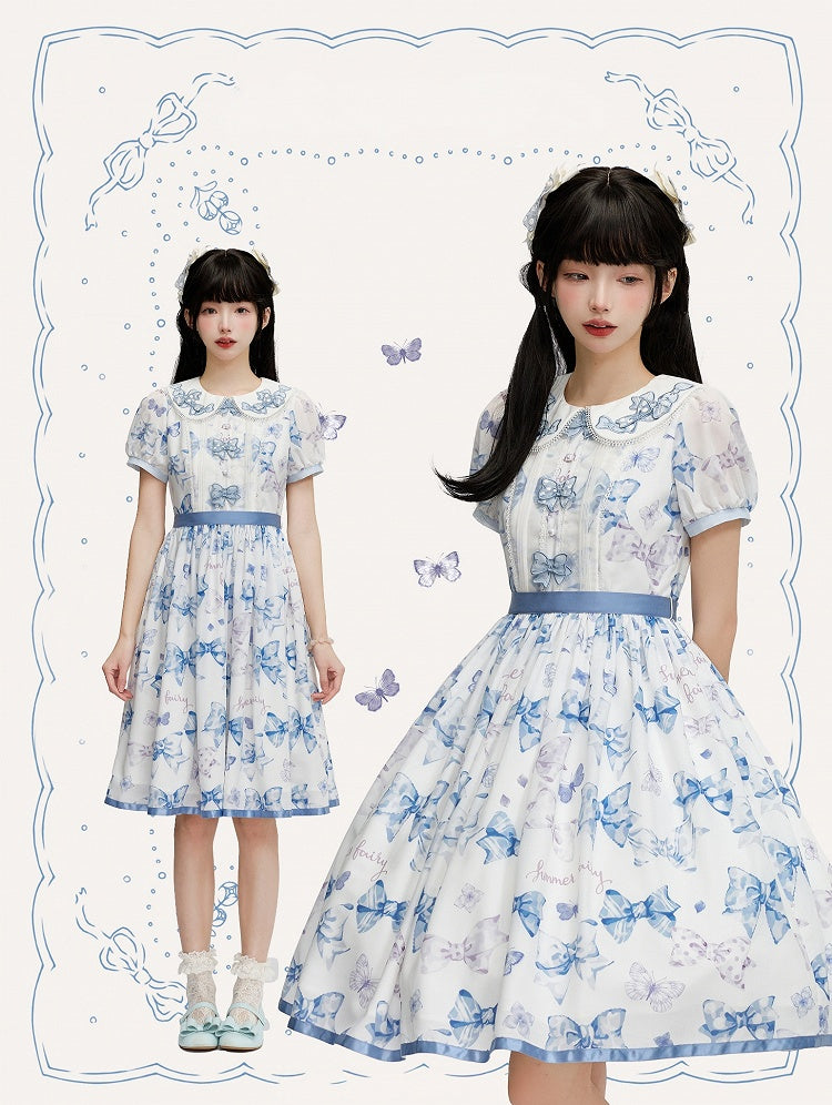 Blue Bowknot Peter Pan Collar Lolita Dress Bows and Butterfly One Piece
