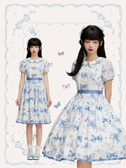 Blue Bowknot Peter Pan Collar Lolita Dress Bows and Butterfly One Piece
