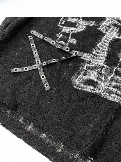 Girl Studs T-shirt Off-the-shoulder Black Details Print Cartoon Neckline