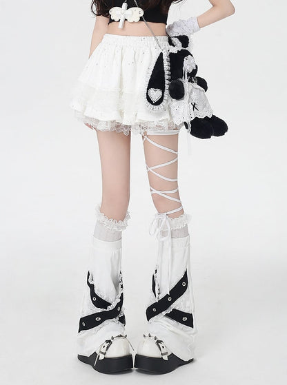 ホワイトの伸縮性ウエストティアードスカートトリムバレエコアレース