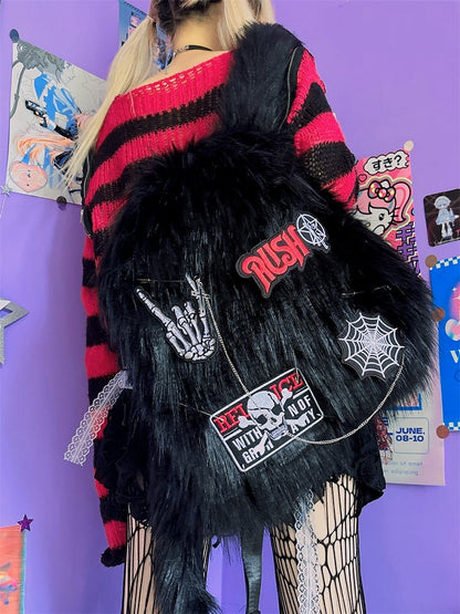 ブラックスケルトンアップリケパンクシャギーバックパック