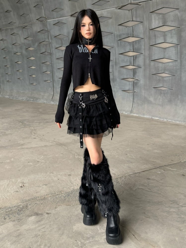 クロスチャーム ブラック ゴシック パンク 蝶結び フェイクファー レッグウォーマー
