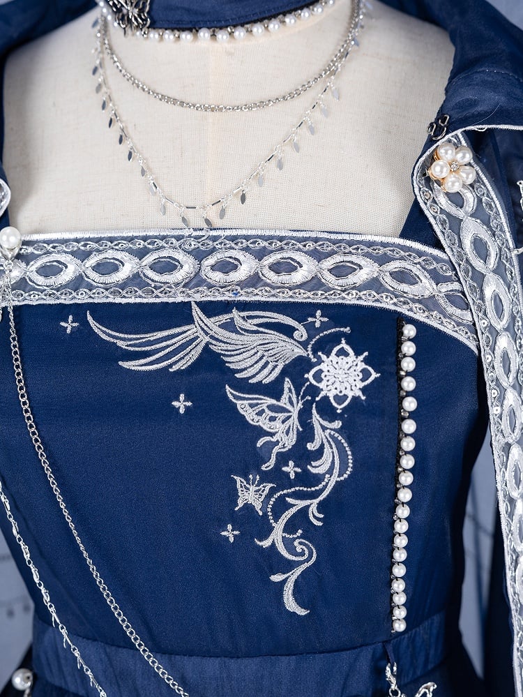Long Night Dreamy Embroidery Chains Starry Set Blue Cloak with Butterfly + Dress Dark