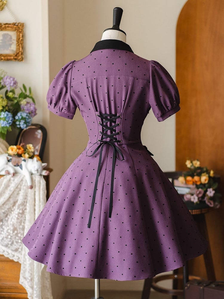 Muster Schwarz Lila Kleid Kleine Retro Ärmeln Puff Herz-förmigen Mode