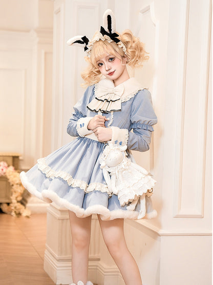 White Rosette and Bowknot Embroidery Dress + Bunny Ears Hat