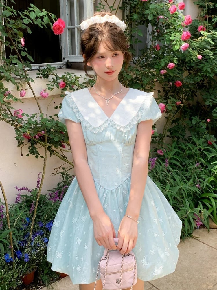 Bubble Blue Peter Pan Kragen Basken-Taille Allover Schmetterling Stickerei Rock Kleid