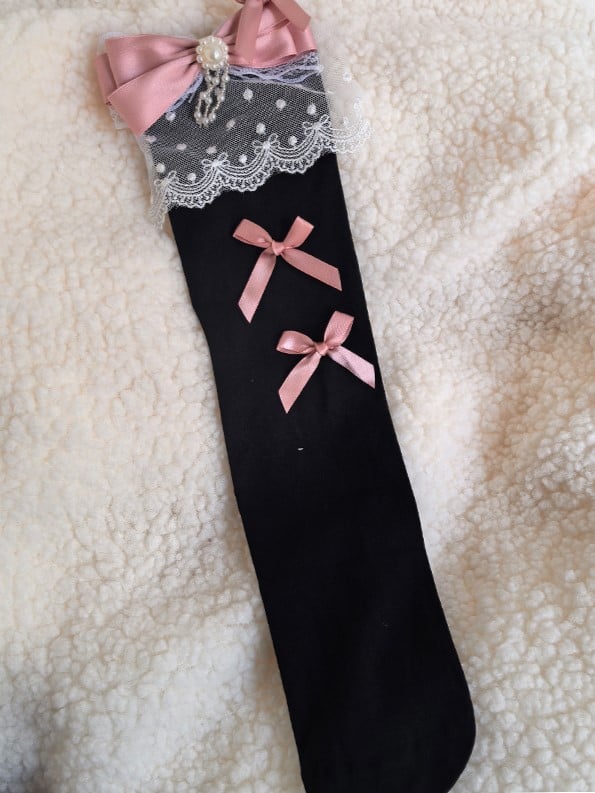 And White Black/White With Underknee Bowknot Details Lace Pink Stockings Cuff