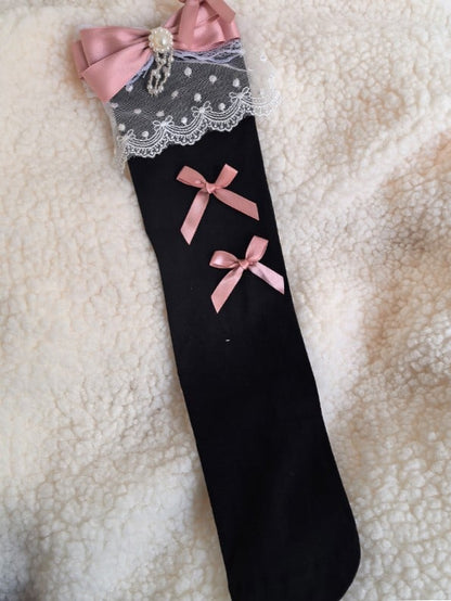 And White Black/White With Underknee Bowknot Details Lace Pink Stockings Cuff