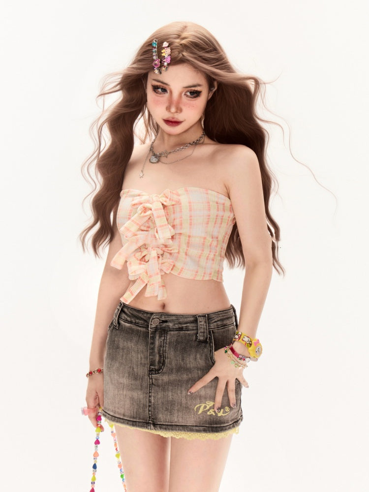 フェードウォッシュレーストリムブラックローウエストヴィンテージデニムスカート