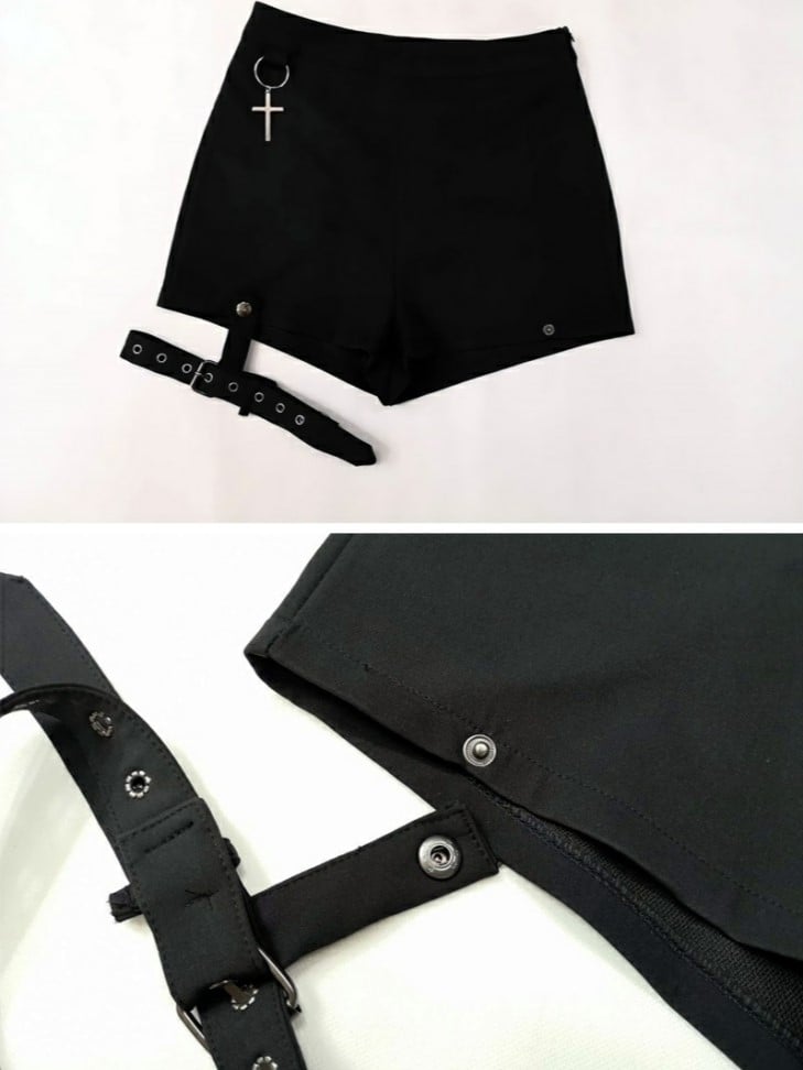 Punk with Buckle Gothic Leg Cross Rings Black Shorts Detachable Charms