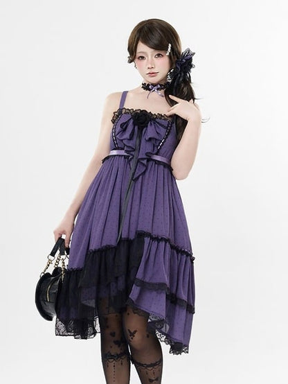 Polka Dot Bow Asymmetric Hem JSK Dress with Lace Choker - Tan Tuan