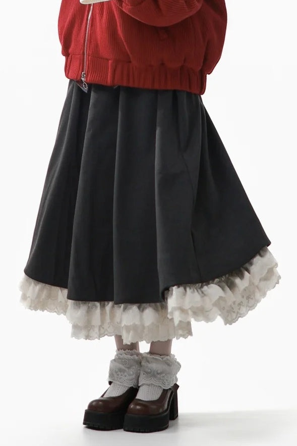with Ruffle Tiered Waist Gray Hem Skirt Kawaii Elastic Daily
