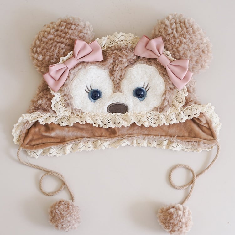with Hat Plush Design Bows Lolita and Pink Bear Pom-Poms