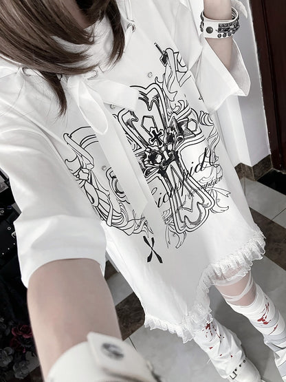 Black Bow Cotton PrintRibbon Cross T-Shirtwith Gothic White Neckline