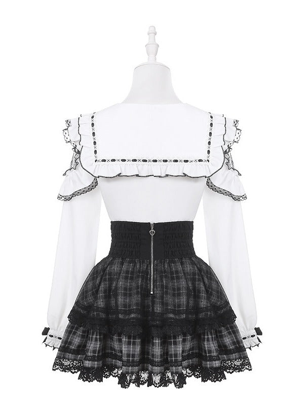 Black & White Jirai Kei Sailor-Collar Blouse with Lace Cutout Shoulders & Bow Tie - Puppet Bombs