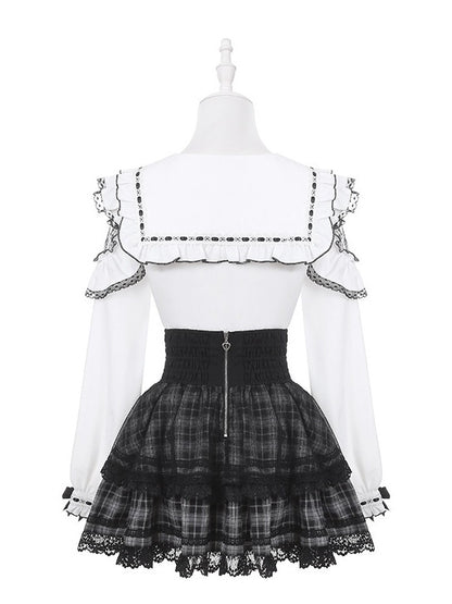 Black Jirai Kei Plaid High-Waist Skirt with Lace Trim Detail - Puppet Bombs