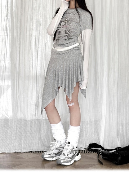 Grau Cartoon Top/Asymmetrische Zwei-stück Kapuze Saum Rock Mädchen Druck Faux