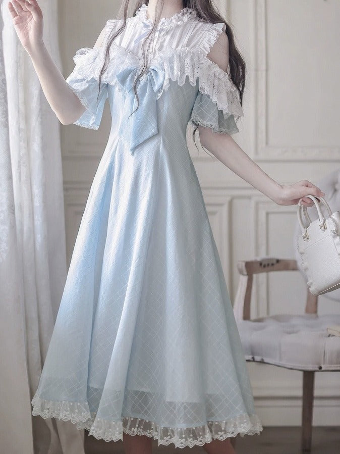 Blue Off-Shoulder Short Sleeve Chiffon Dress with Bow and Lace - Walnut JK