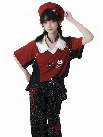 Red and Black Colorblock Pointed Flat Collar Kitten Print Blokette Core T-shirt Cute