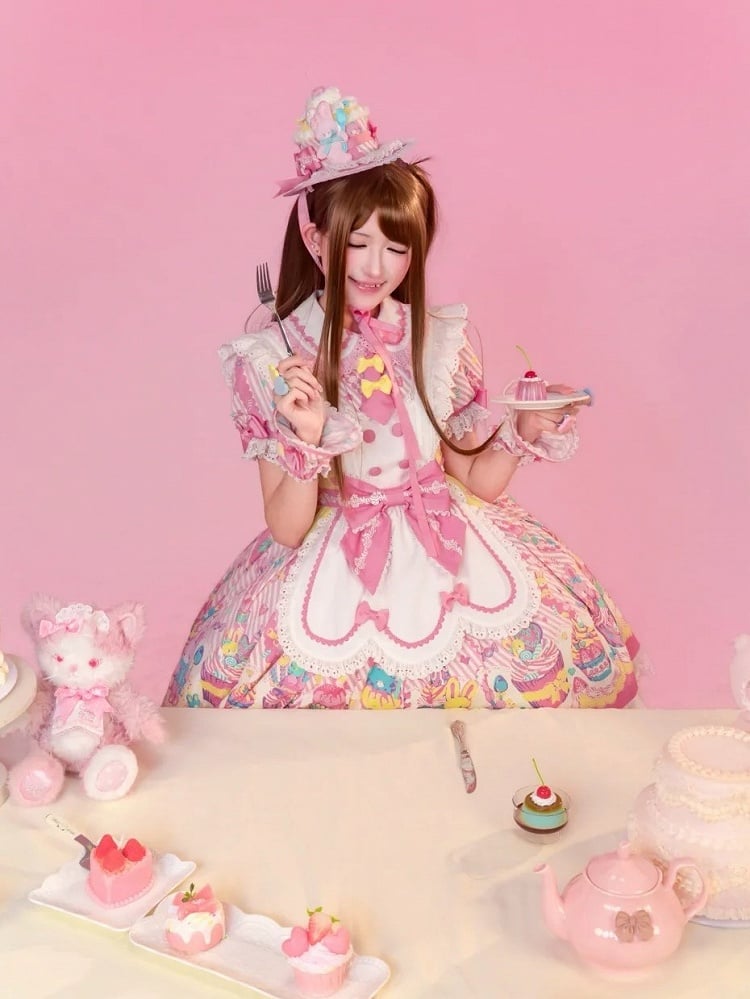 and Dress Print Maid Peter Pan Yellow Lolita Pink Bunny Cupcake Collar