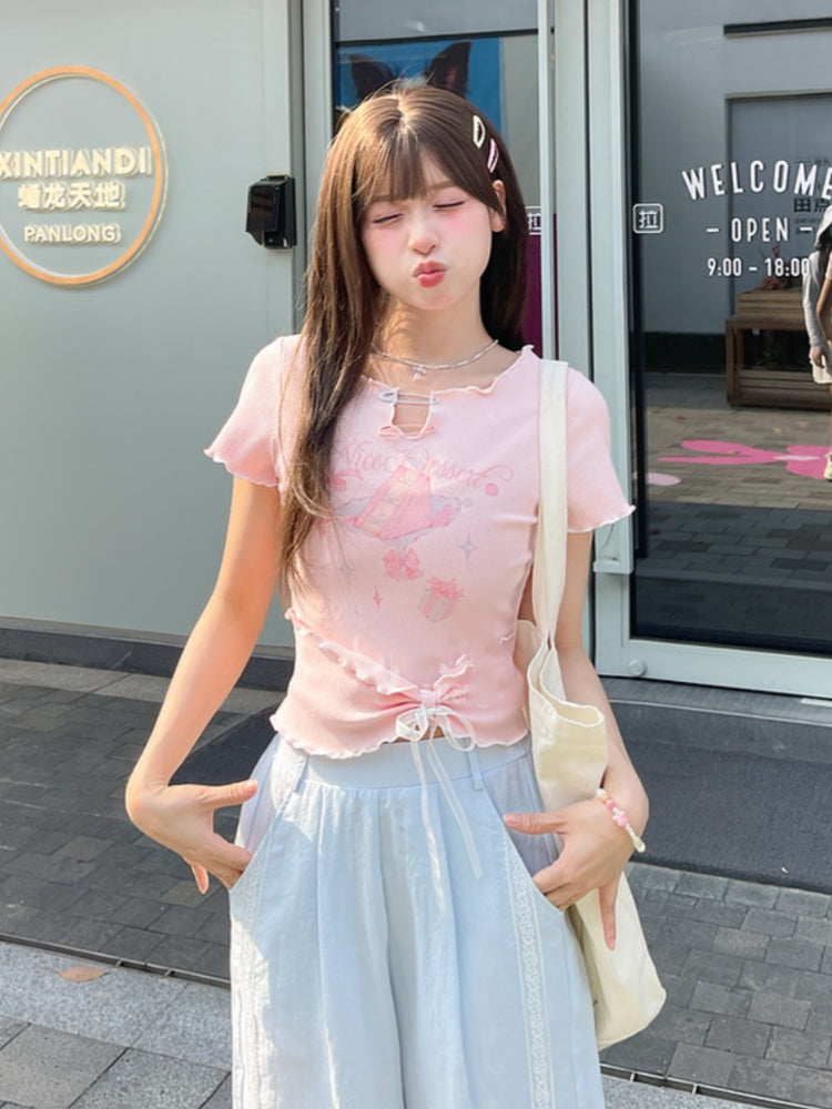 ネックラインピン スイートTシャツ ピンク/ブルー ケーキプリントディテール 裾レタス裾 大きなリボン