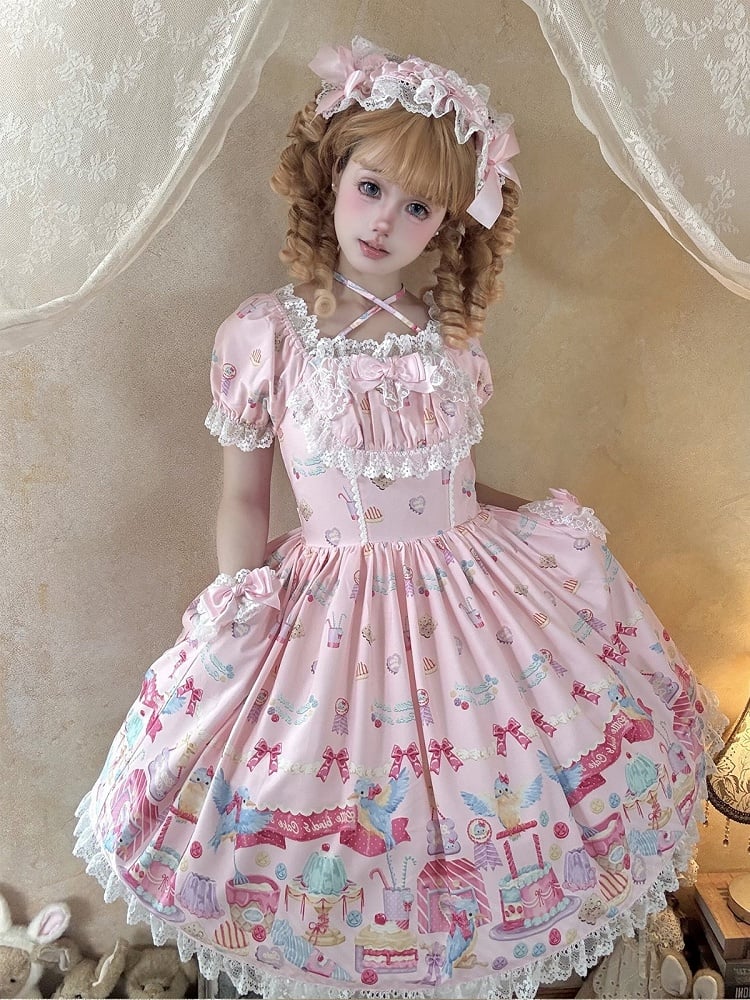 Pink Puff Sleeve Halter Lolita OP Full Set with Dessert and Bird Print, Hairband, Baby Hat, Wrist Cuffs and Bow Hair Clip - Good Night Meow