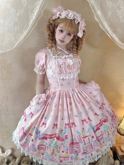 Pink Puff Sleeve Halter Lolita OP Full Set with Dessert and Bird Print, Hairband, Baby Hat, Wrist Cuffs and Bow Hair Clip - Good Night Meow