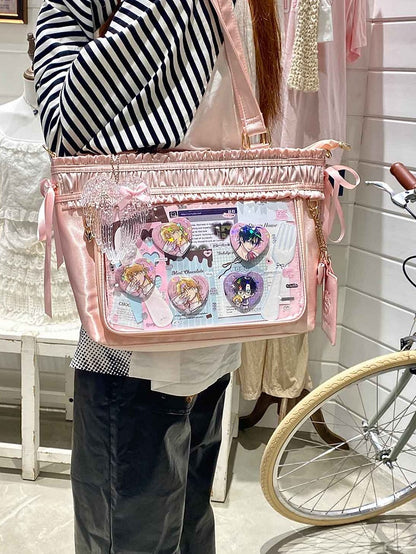 イタバッグ フリル ピンクのリボンボウ 大容量トートバッグ