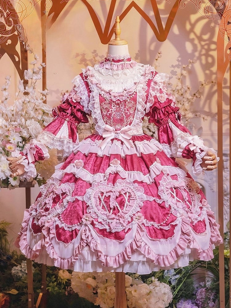 Hanayome Details Bead Embroidery Chain and Rosette Dress Rose Floral Lolita Pink